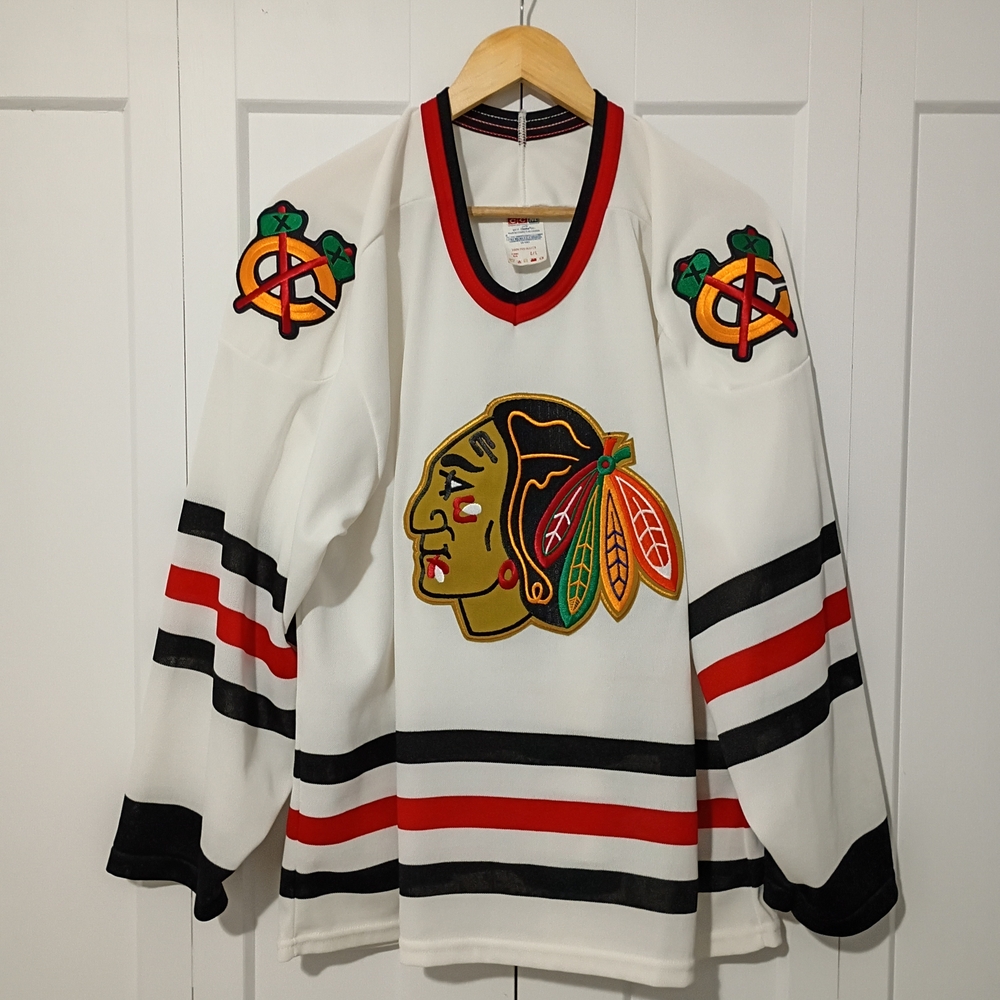 90s Chicago Blackhawks White Maska CCM Jersey Sz Large